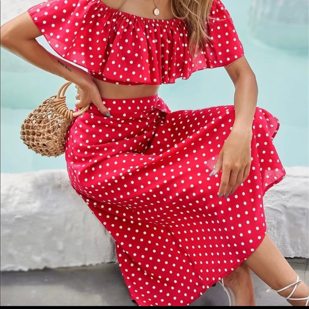 Red and white polka dots top and skirt